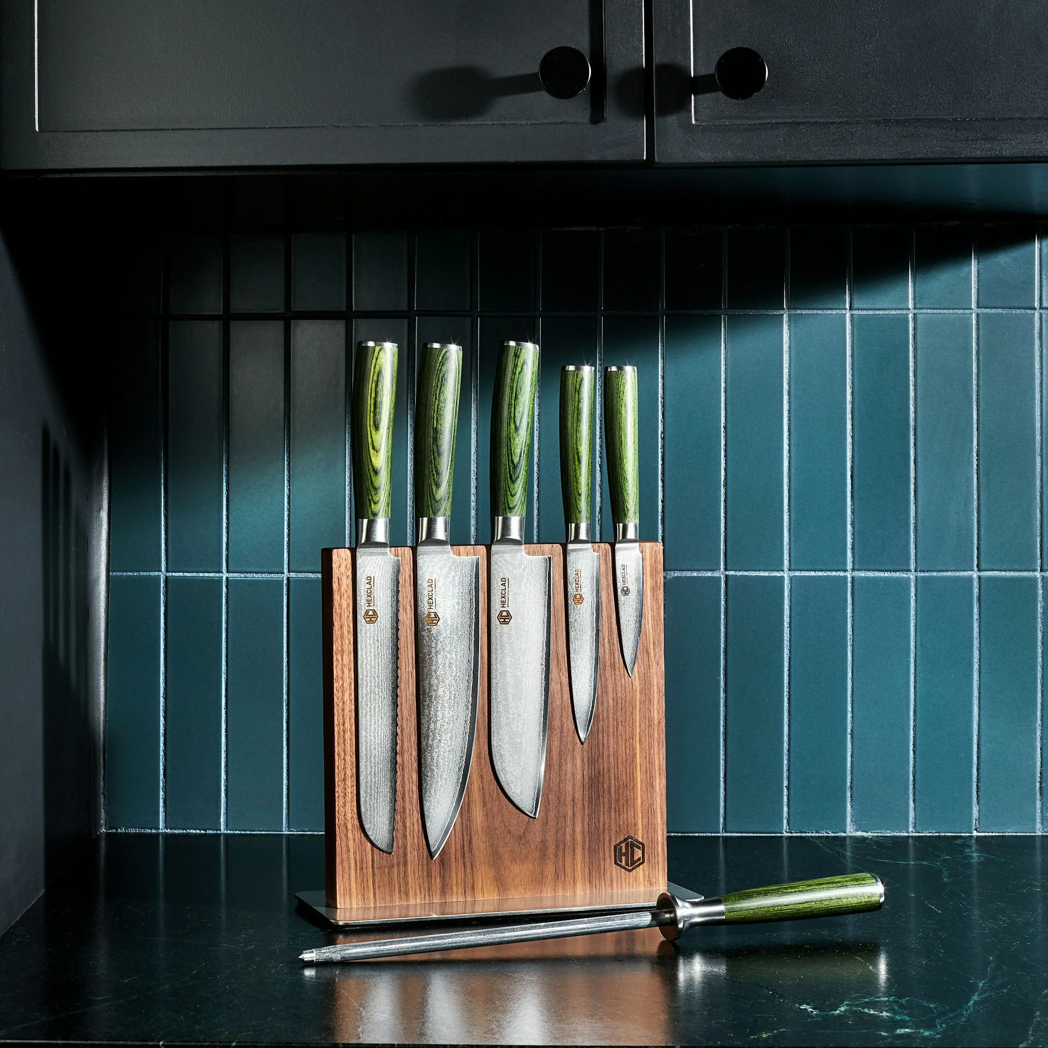 Damascus Steel Knife Set, 7-pc (Green) - Image 6